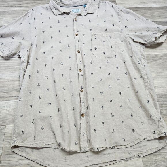 TENTH & OCEAN Mens Tan Linen Sailboat Button Down Shirt Size XL - Picture 2 of 6